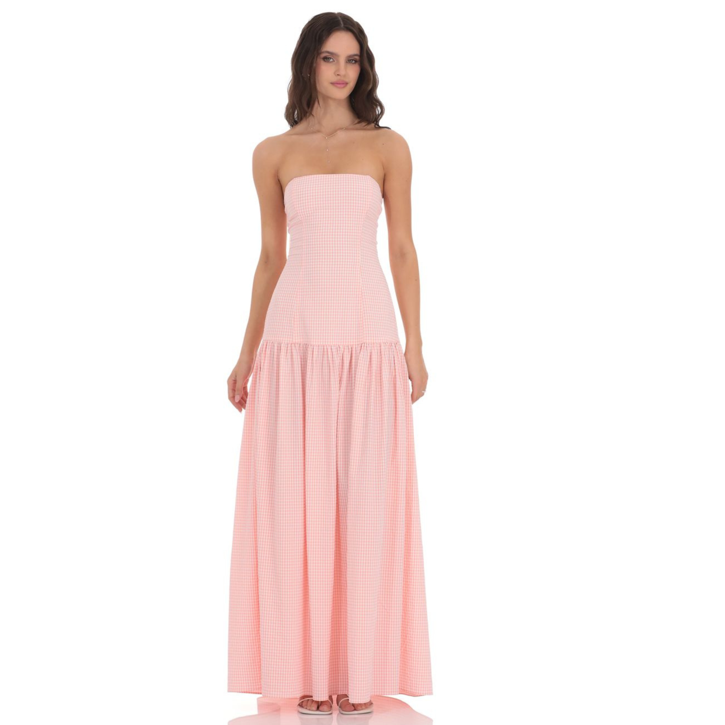 Gingham Strapless Drop Waist Maxi Dress